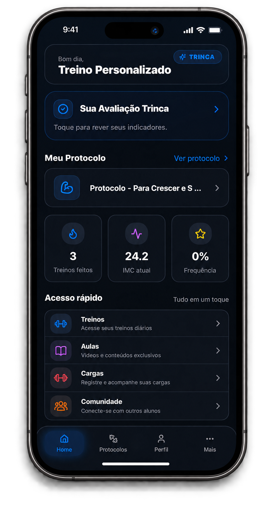 Mockup do aplicativo Treino Trinca